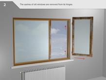 The sashes of the old window are removed from the hinges.