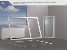 The sash and frame glazing beads    of the new window are taken out and grouped so that they are mixed up.