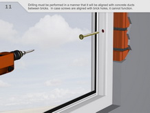 Drilling must be performed in a manner that it will be aligned with concrete ducts between bricks. In case screws are aligned with brick holes, it cannot function.