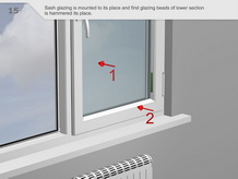 Sash glazing is mounted to its place and first glazing beads of lower section is hammered its place.