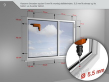 Kasanın önceden açılan 6 mm'lik montaj deliklerinden, 5,5 mm'lik elmas uç ile beton ve duvarlar delinir.